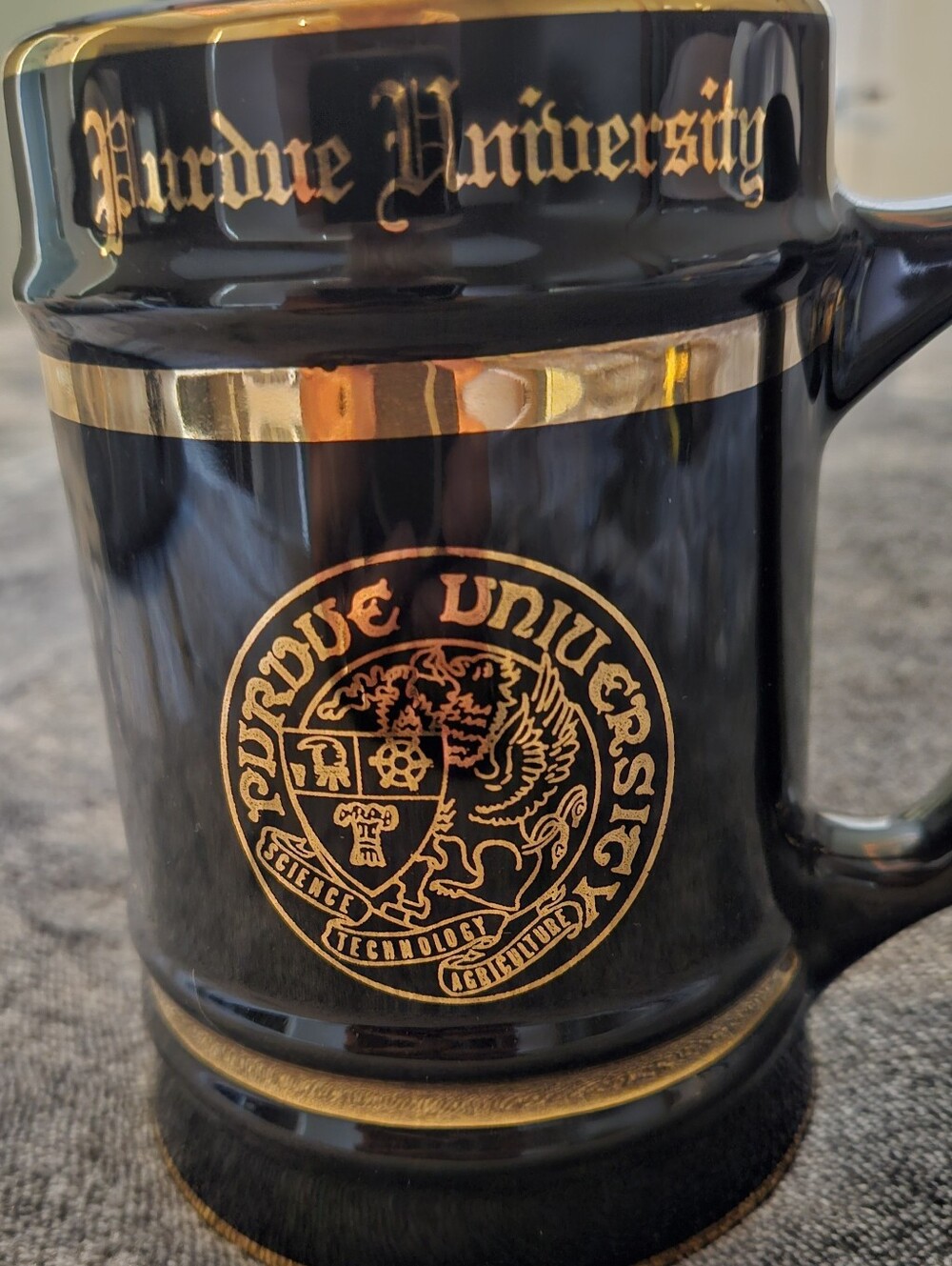 Vtg Black and Gold Ceramic Purdue University Collegiate Stein.